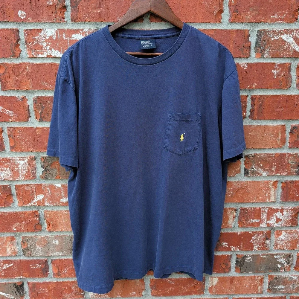 Polo Ralph Lauren Pocket T-Shirt Mens Large Navy Blue Yellow Pony Logo Cotton